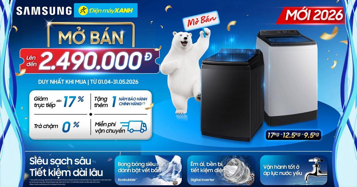 Chương trình khuyến mãi: Tặng thêm 1 năm bảo hành cho dòng máy giặt cửa trên Samsung WA40 thế hệ mới 2026
