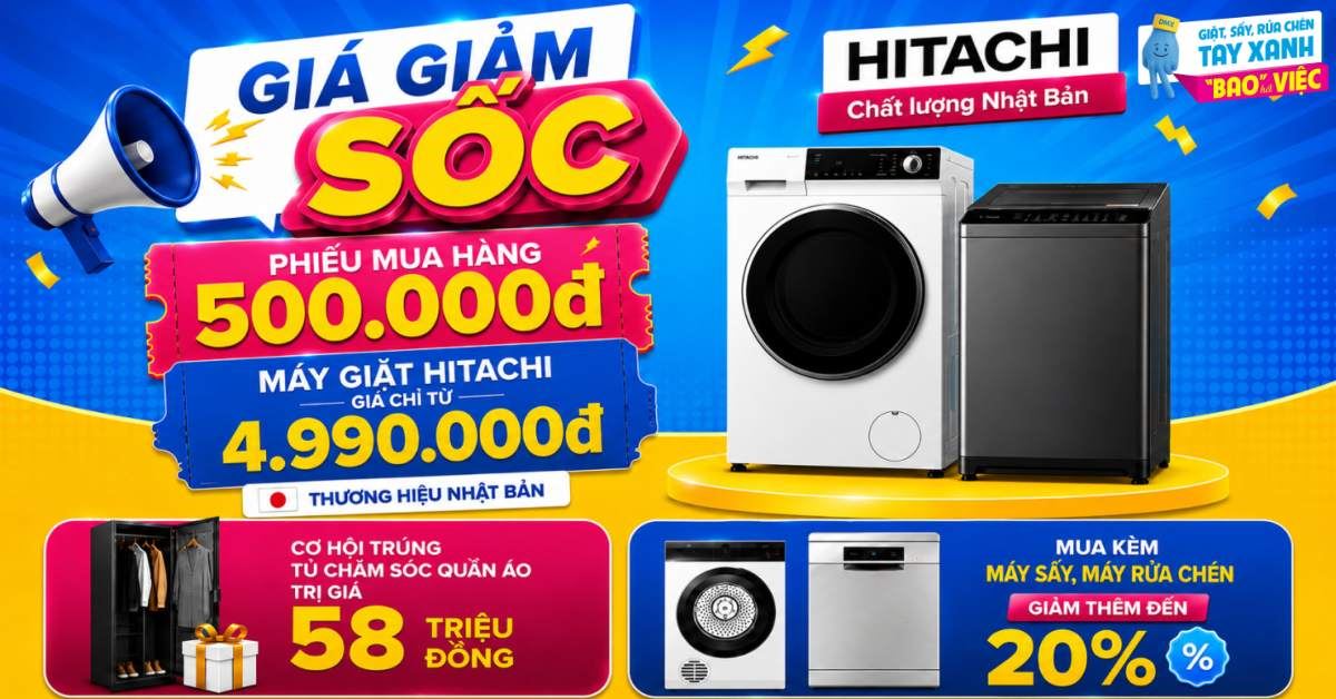 Săn PMH 500.000đ mua máy giặt Hitachi (28/08/2026 – 06/09/2026)