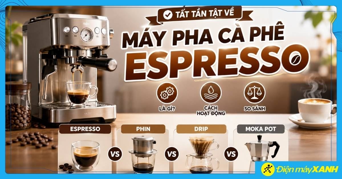 Máy pha cà phê Espresso là gì? Cách hoạt động, so sánh với phin, drip, moka pot