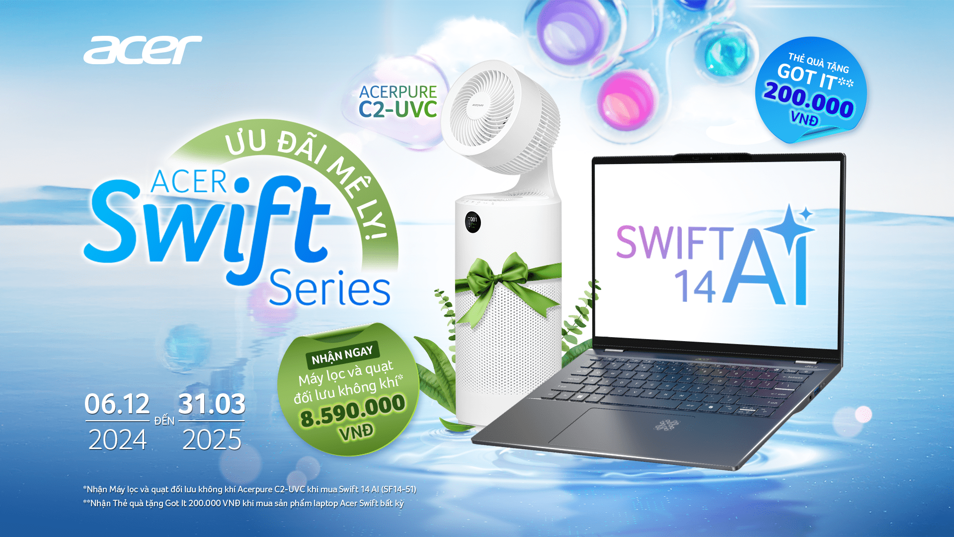 Mua Laptop Acer Swift Series - Nhận quà mê ly: Nhận máy lọc không khí AcerPure và thẻ quà tặng Got IT trị giá 200K