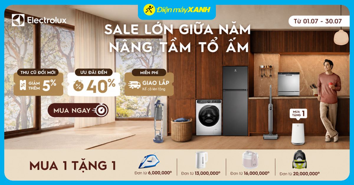 Mua máy giặt, tivi, tủ lạnh, máy lạnh giảm thêm 10% khi mua kèm máy sấy Electrolux