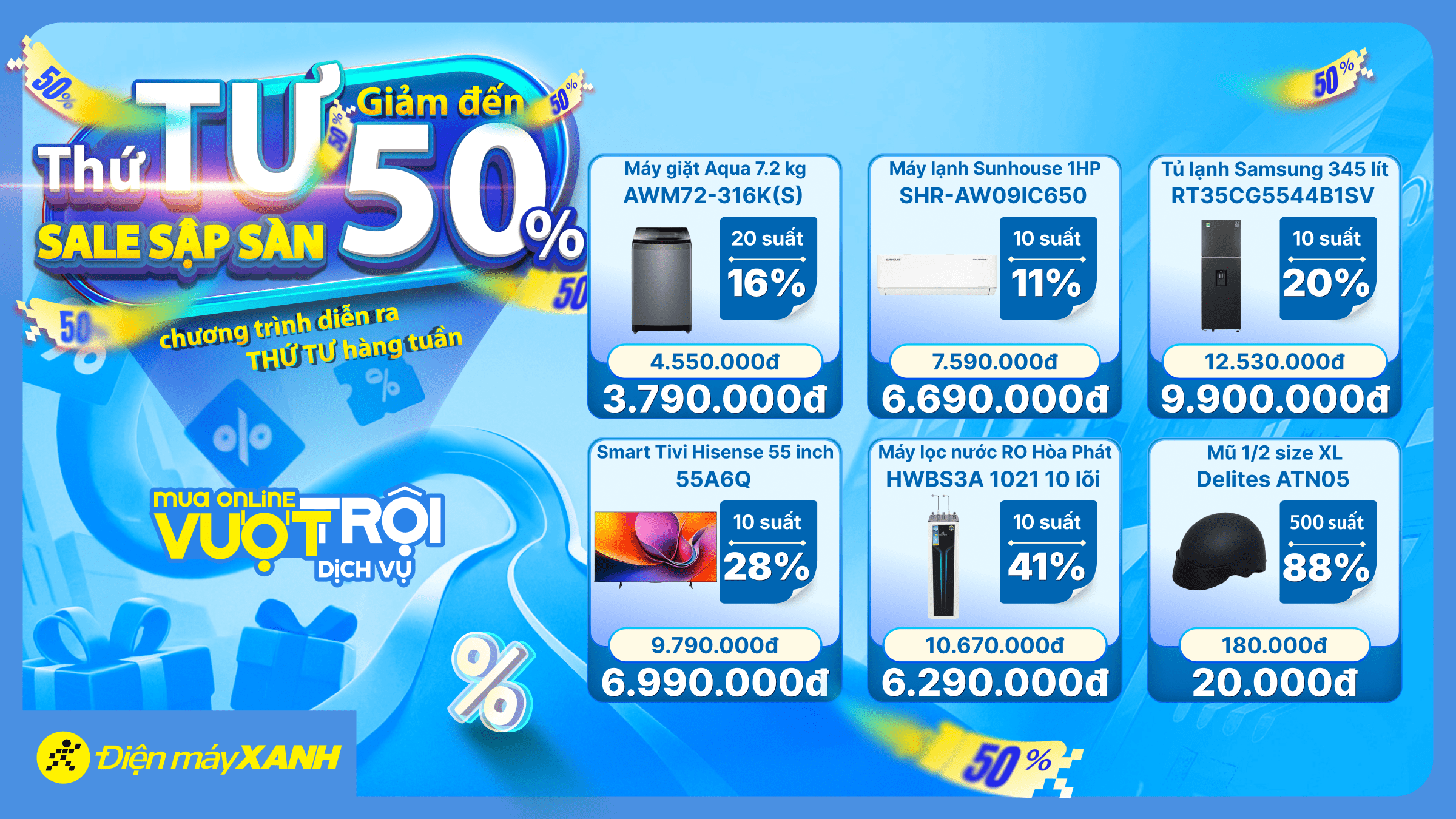 BÃO SALE THỨ 4 đổ bộ Điện máy XANH: Deal sập sàn đến 50%, giá sốc chỉ từ 20K. Mua sắm thả ga, không lo về giá!