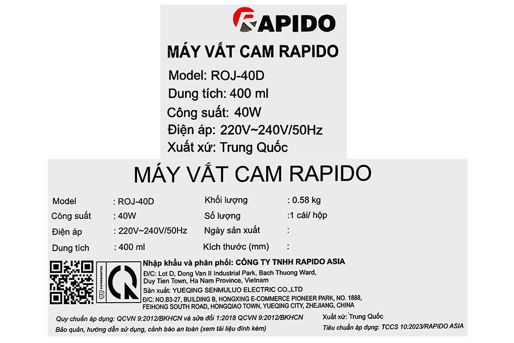 Máy vắt cam Rapido ROJ-40D Màu Trắng - Kem