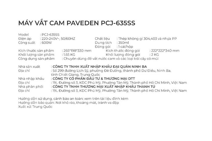 Máy vắt cam PAVEDEN PCJ-635SS Màu Bạc