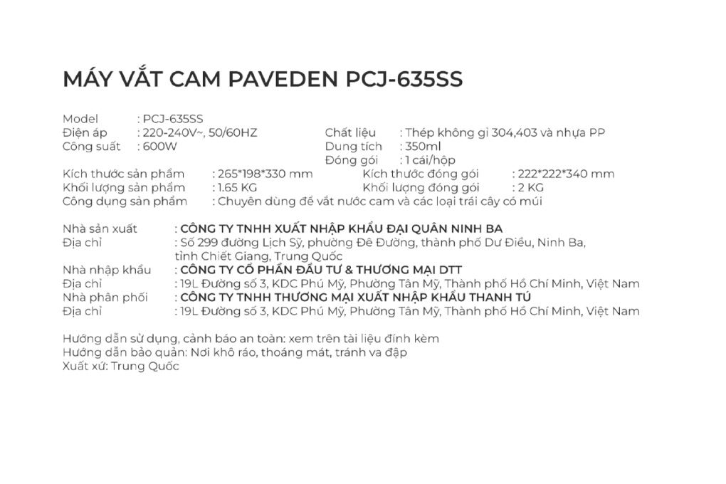 Máy vắt cam PAVEDEN PCJ-635SS Màu Bạc