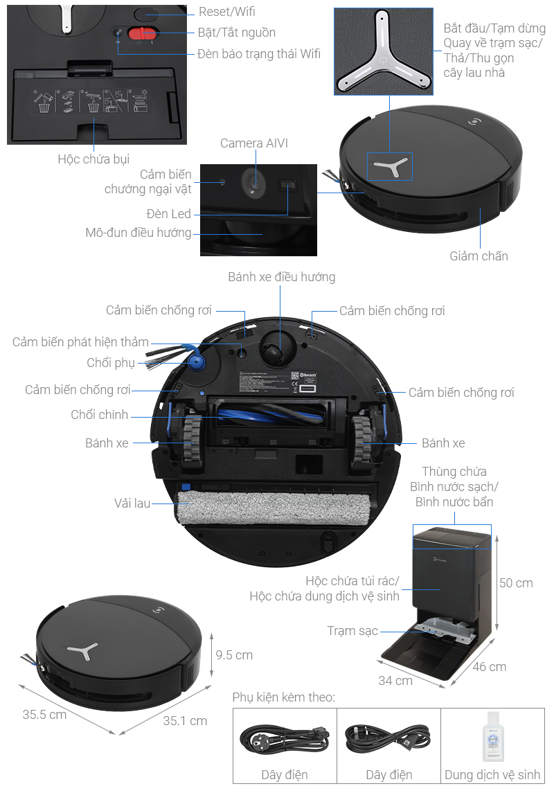 Robot hút bụi lau nhà Ecovacs T90 PRO OMNI - Đen