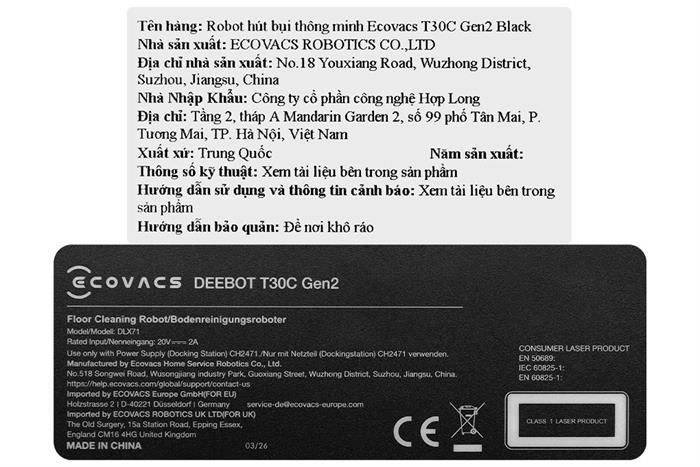 Robot hút bụi lau nhà Ecovacs T30C Gen 2 Đen Màu Đen