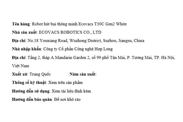 Robot hút bụi lau nhà Ecovacs T30C Gen 2 Trắng Màu Trắng