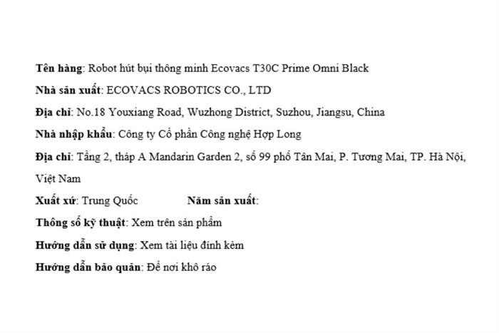 Robot hút bụi lau nhà Ecovacs T30C Prime Omni Đen Màu Trắng