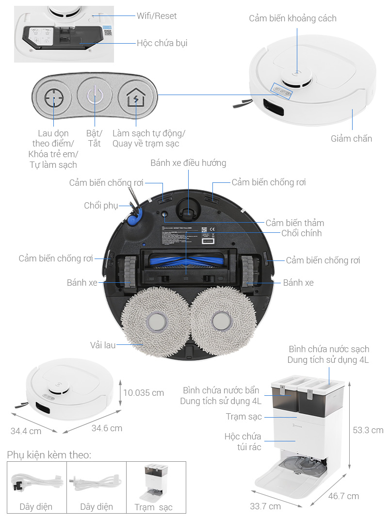 Robot hút bụi lau nhà Ecovacs T30C Prime Omni Trắng