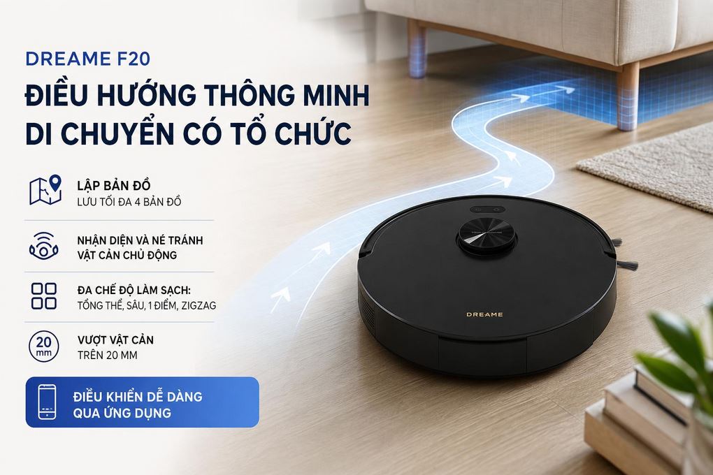Robot hút bụi lau nhà Dreame F20 - Điều hướng thông minh, lập bản đồ và tránh va chạm Robot hút bụi lau nhà Dreame F20 - Điều hướng thông minh, lập bản đồ và tránh va chạm