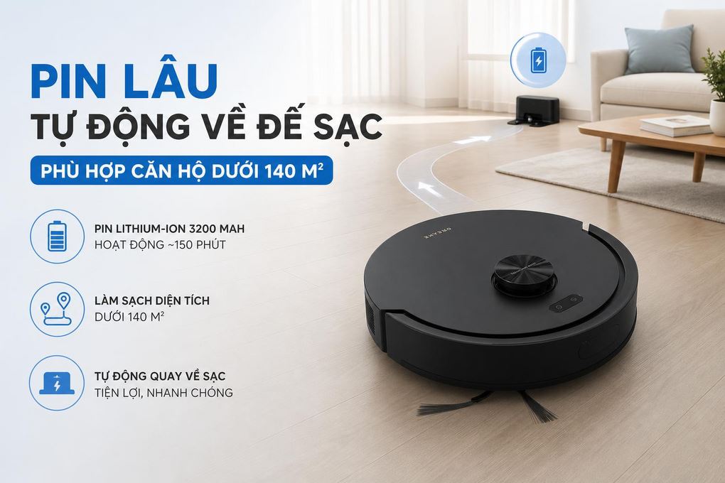 Robot hút bụi lau nhà Dreame F20 - Pin lâu, tự động về đế sạc phù hợp căn hộ dưới 140 m² Pin lâu, tự động về đế sạc phù hợp căn hộ dưới 140 m²