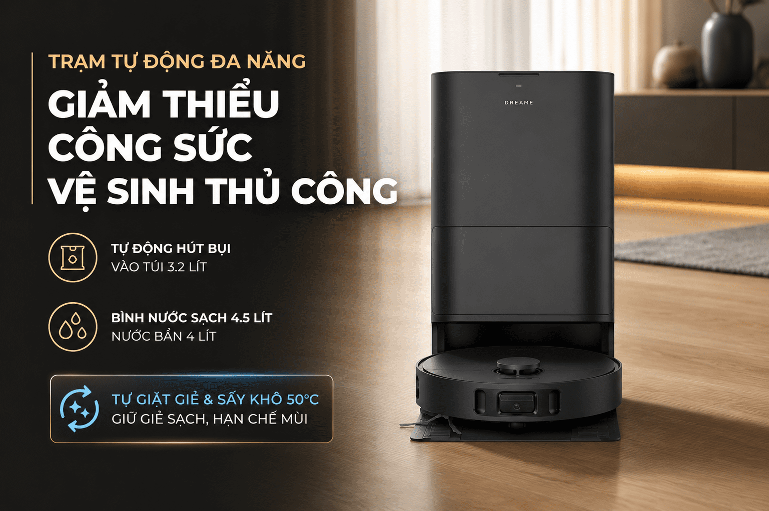 Robot hút bụi lau nhà Dreame D30 Ultra CE - Trạm tự động đa năng giảm thiểu công sức vệ sinh thủ công