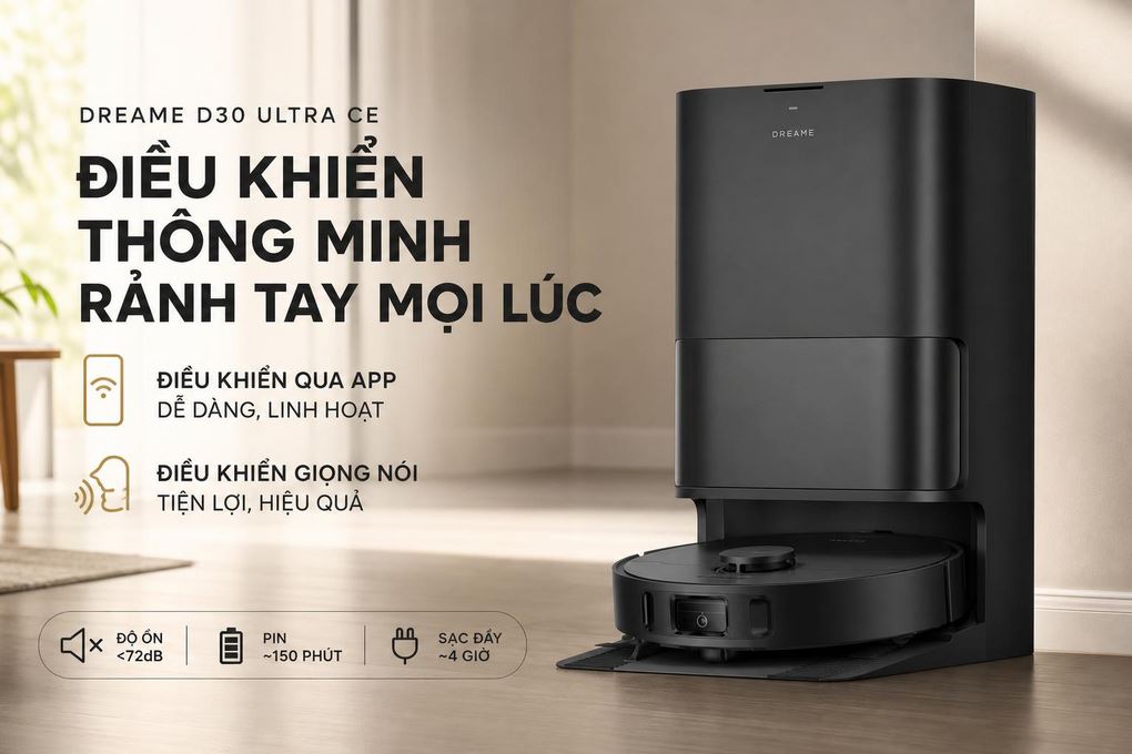 Robot hút bụi lau nhà Dreame D30 Ultra CE - Điều khiển qua app và giọng nói tích hợp trải nghiệm nhà thông minh