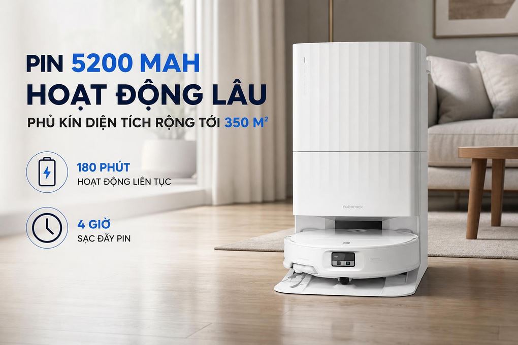 Robot hút bụi lau nhà Roborock Qrevo Edge 2 - Trắng - Pin 5200 mAh hoạt động lâu và phủ kín diện tích rộng tới 350 m²
