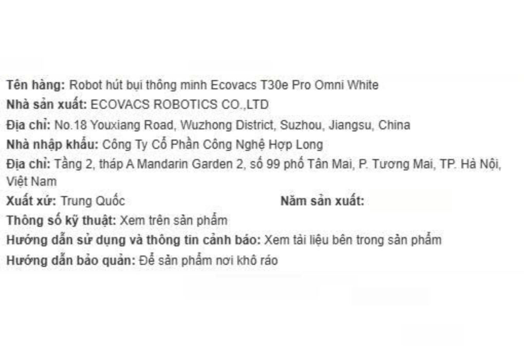 Robot hút bụi lau nhà Ecovacs T30e Pro Omni Trắng Màu Trắng