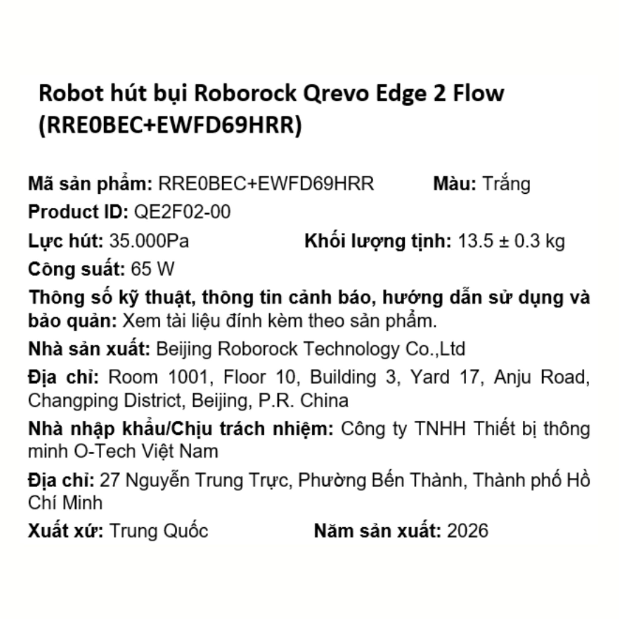 Robot hút bụi lau nhà Roborock Qrevo Edge 2 Flow (RRE0BEC+EWFD69HRR) Màu Trắng