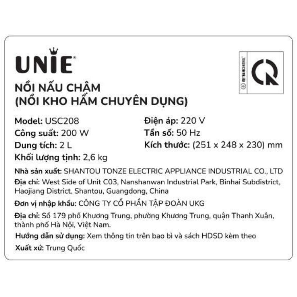 Nồi nấu chậm Unie 2 lít USC208 Màu Trắng