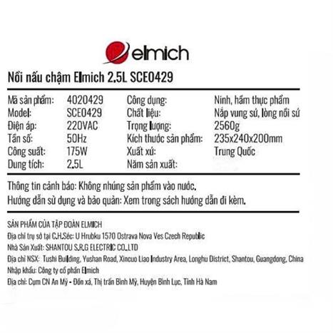 Nồi nấu chậm Elmich 2.5 lít SCE0429 Màu Trắng