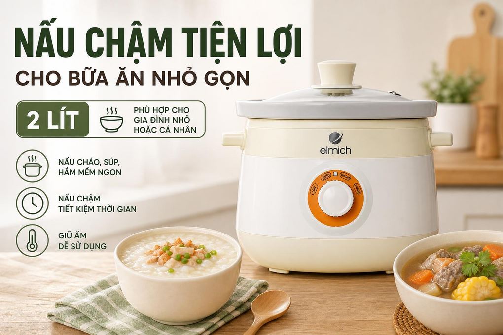Nồi nấu chậm Elmich 2 lít SCE-8525 Màu Màu be