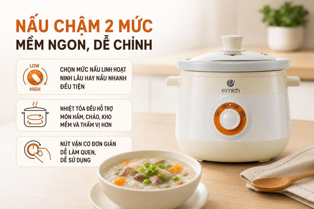 Nồi nấu chậm Elmich 2 lít SCE-8525 Màu Màu be