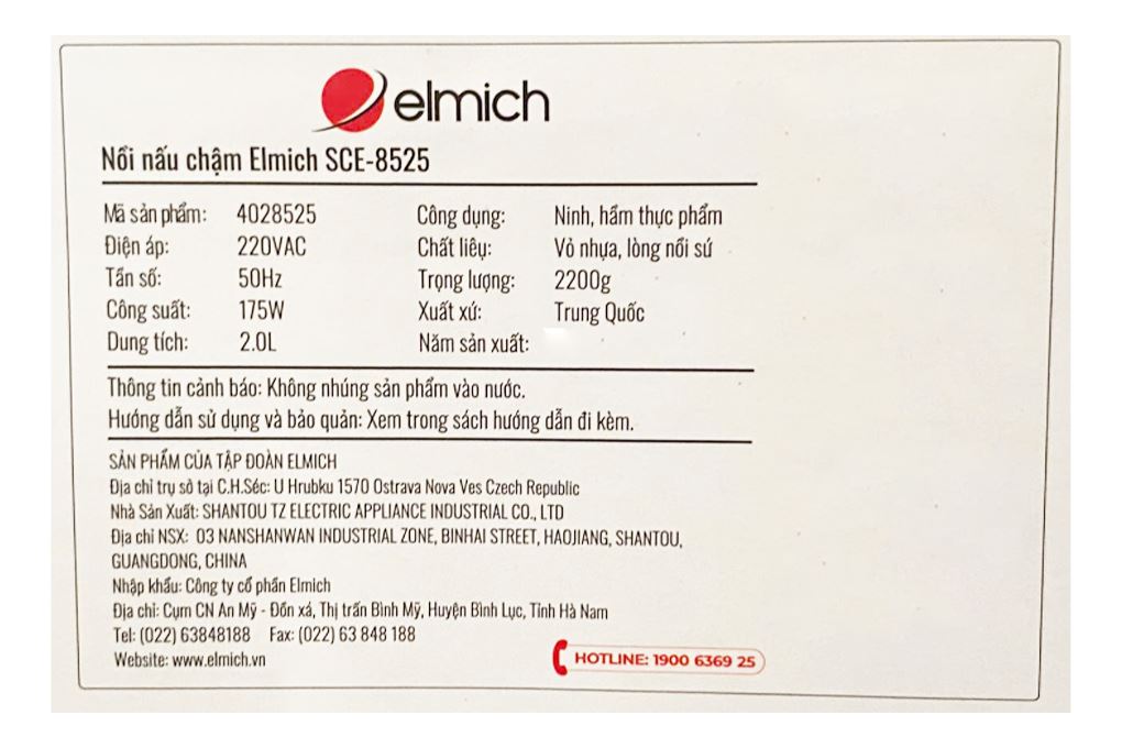 Nồi nấu chậm Elmich 2 lít SCE-8525 Màu Màu be