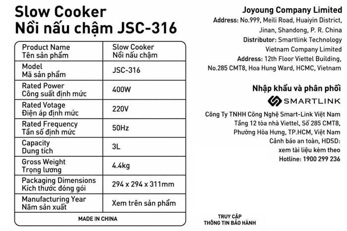 Nồi nấu chậm Joyoung 3 lít JSC-316 Màu Màu be