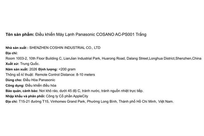 Điều khiển Máy Lạnh Panasonic COSANO AC-PS001 Màu Trắng