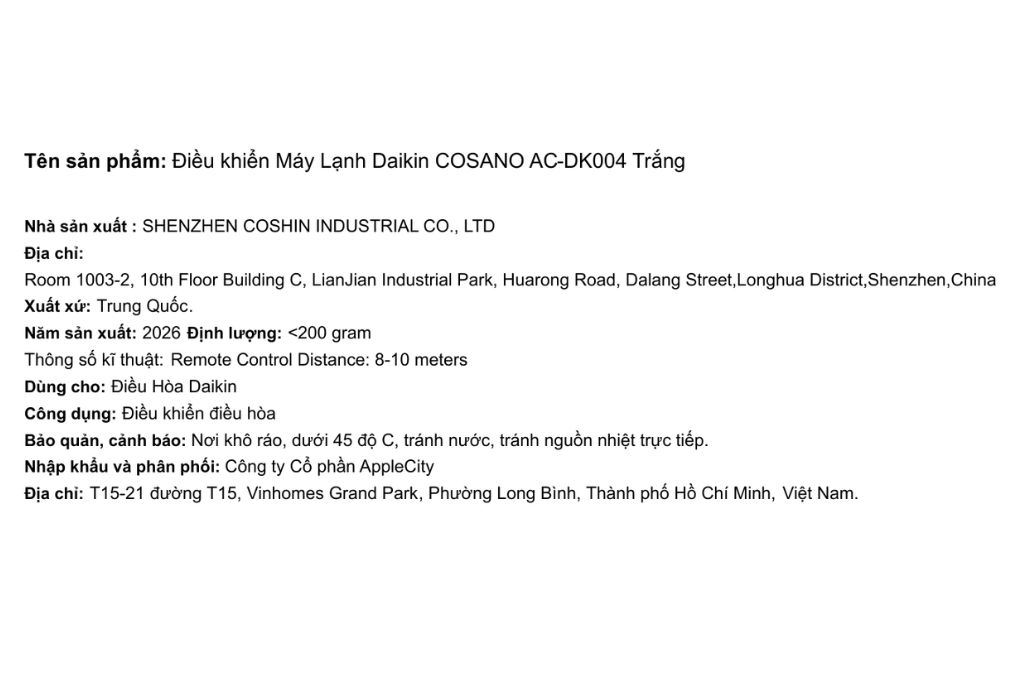 Điều khiển Máy Lạnh Daikin COSANO AC-DK004 Màu Trắng