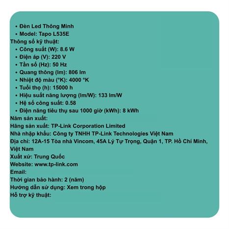 Bóng đèn thông minh TP-Link Tapo L535E Wifi Màu Trắng