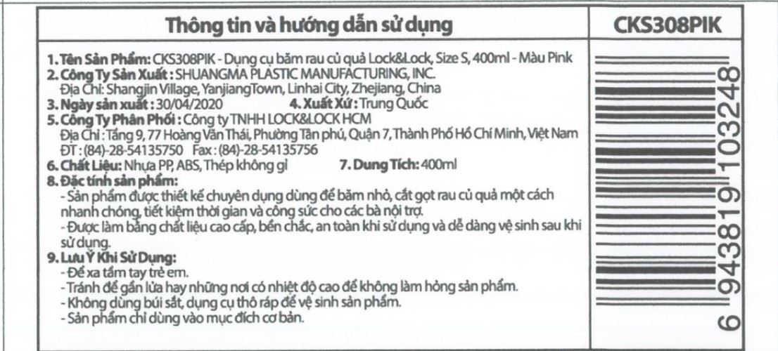 Dụng cụ băm rau củ quả Lock&Lock CKS308PIK 0.4 lít Màu Hồng