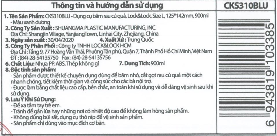 Dụng cụ băm rau củ quả Lock&Lock CKS310BLU 0.9 lít Màu Xanh