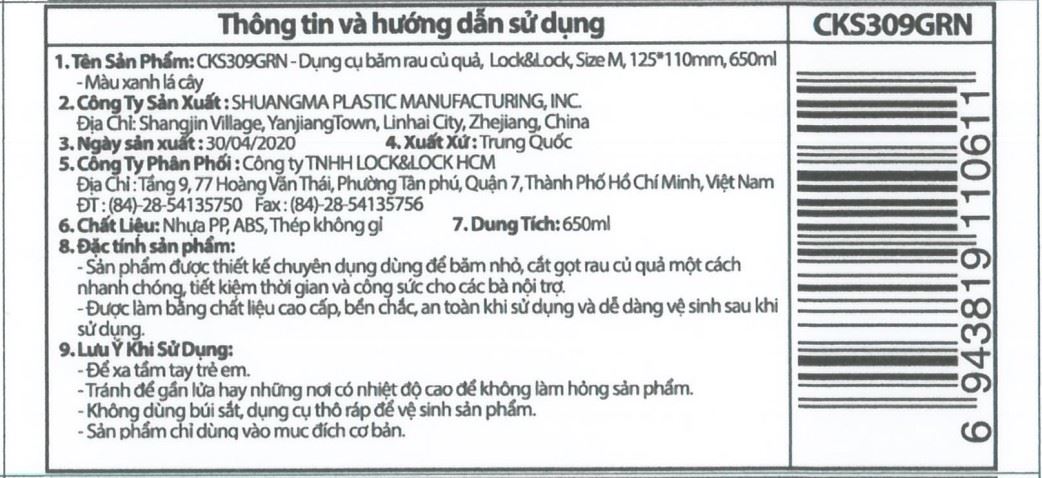 Dụng cụ băm rau củ quả Lock&Lock CKS309GRN 0.65 lít Màu Xanh lá