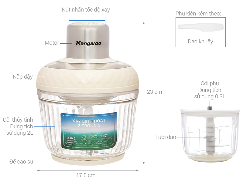 Máy xay thịt đa năng Kangaroo KGM2P1G 300W 2 lít/0.3 lít