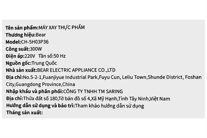 Máy xay thịt Bear CH-5H03P36 300W 1.8 lít Màu Trắng