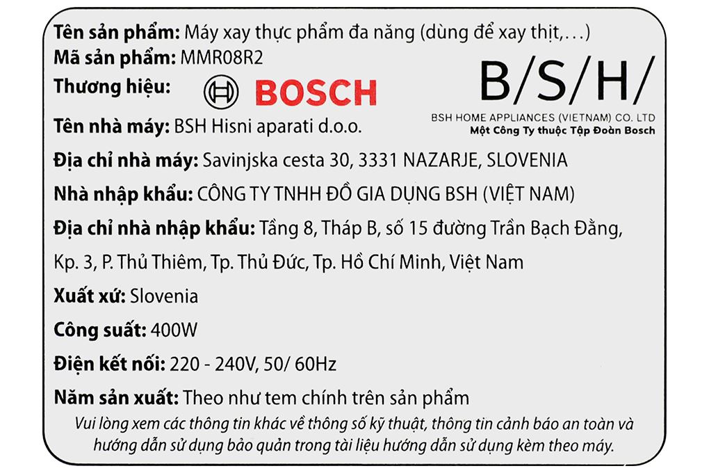 Máy xay thịt đa năng Bosch MMR08R2 400W 0.8 lít Màu Đỏ