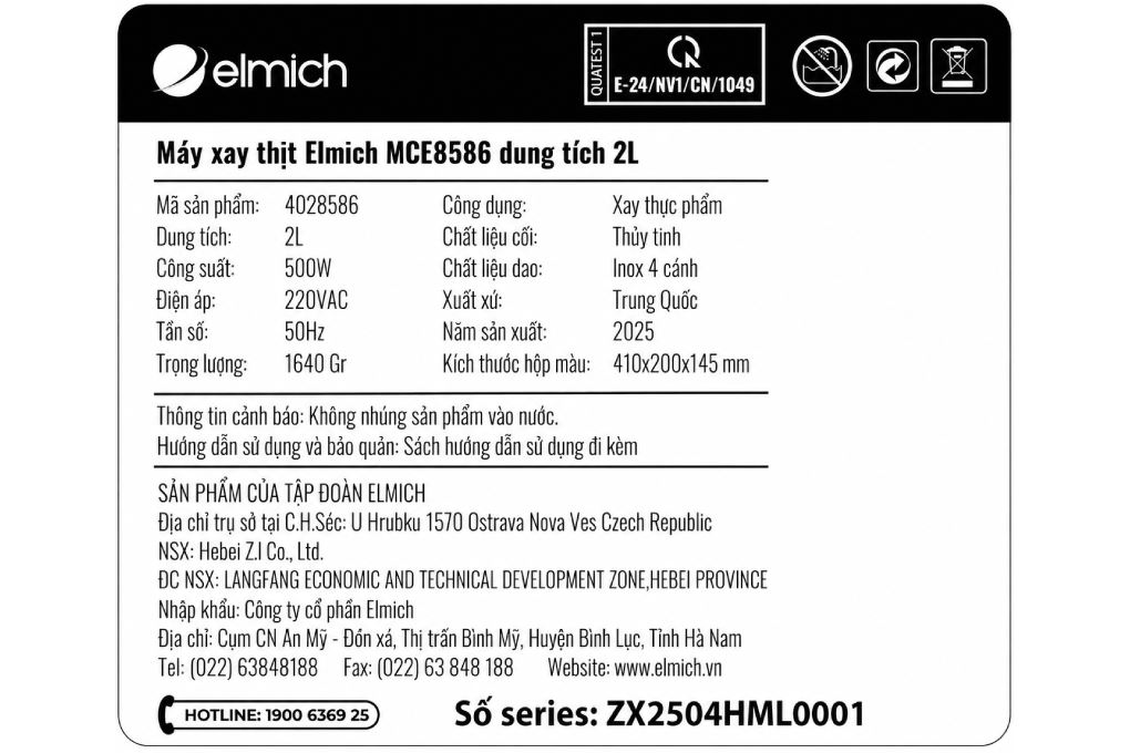 Máy xay thịt đa năng Elmich MCE8586 Màu Đen