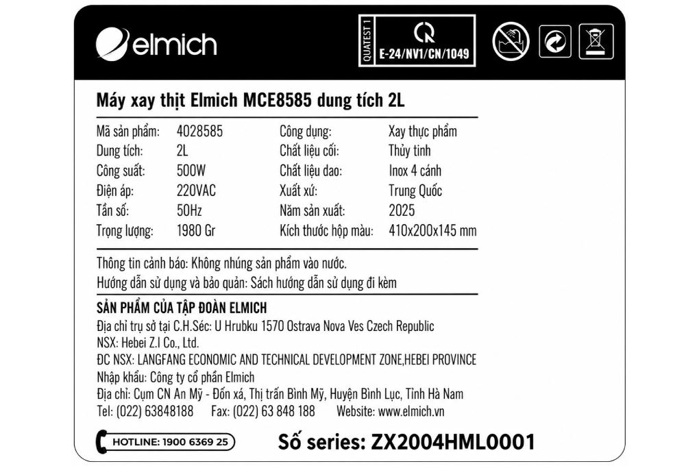 Máy xay thịt Elmich MCE 8585 2 lít Màu Xám