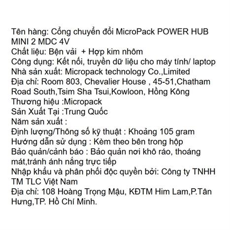 Hub chuyển đổi Type C 4 in 1 MicroPack Power Hub Mini 2 MDC 4V Màu Bạc