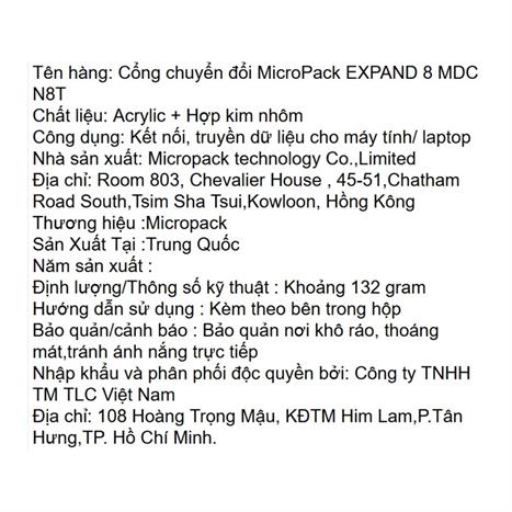 Hub chuyển đổi Type C 8 in 1 MicroPack Expand 8 MDC N8T Màu Xám