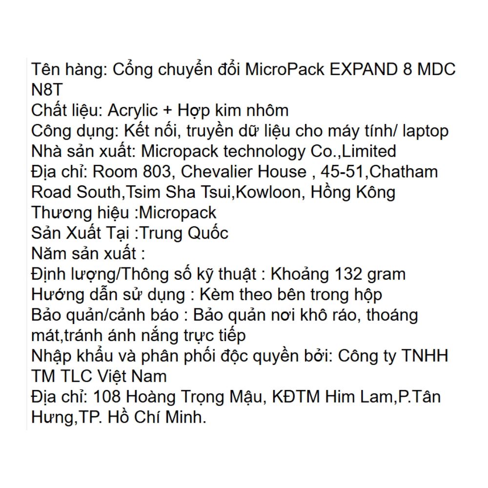 Hub chuyển đổi Type C 8 in 1 MicroPack Expand 8 MDC N8T Màu Xám