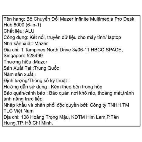 Hub chuyển đổi Type-C 6 in 1 Mazer M-UC2MULTI8000-BK Màu Đen
