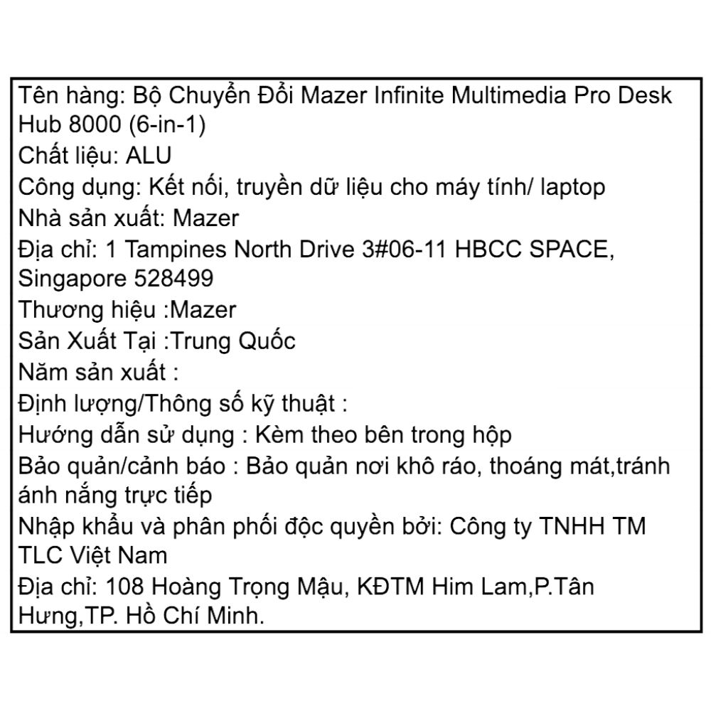 Hub chuyển đổi Type-C 6 in 1 Mazer M-UC2MULTI8000-BK Màu Đen