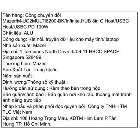 Hub chuyển đổi Type-C 8 in 1 Mazer M-UC2MULTI8200-BK Màu Đen