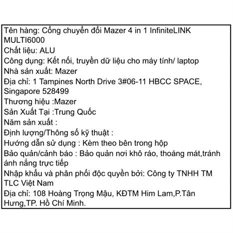 Hub chuyển đổi Type-C 4 in 1 Mazer M-UC2MULTI6000 Màu Đen