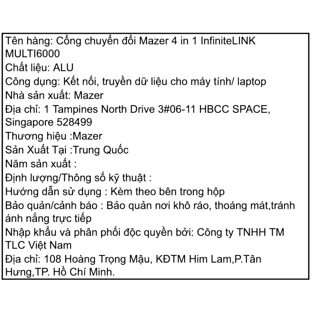 Hub chuyển đổi Type-C 4 in 1 Mazer M-UC2MULTI6000 Màu Đen