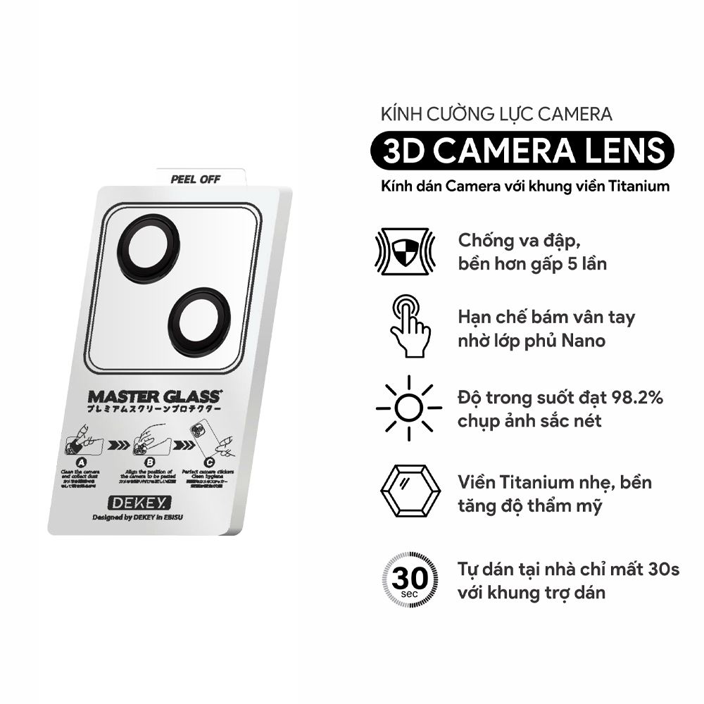 Miếng dán camera iPhone 15/15 Plus Master Glass 3D Camera Lens DEKEY - Đen - 3