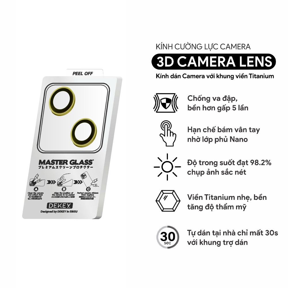 Miếng dán camera iPhone 15/15 Plus DEKEY 3D Camera Lens - Vàng Màu Vàng