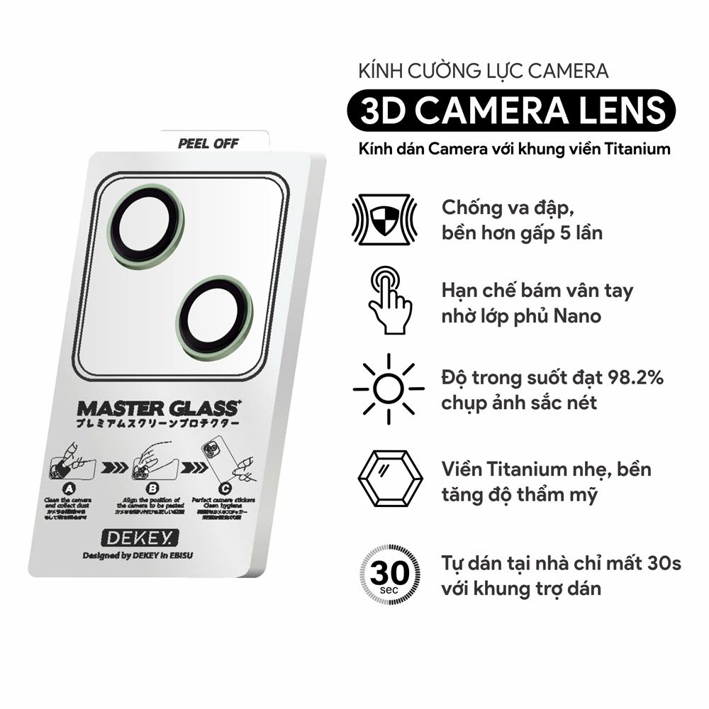Miếng dán camera iPhone 15/15 Plus Master Glass 3D Camera Lens DEKEY - Xanh Lá Màu Xanh lá