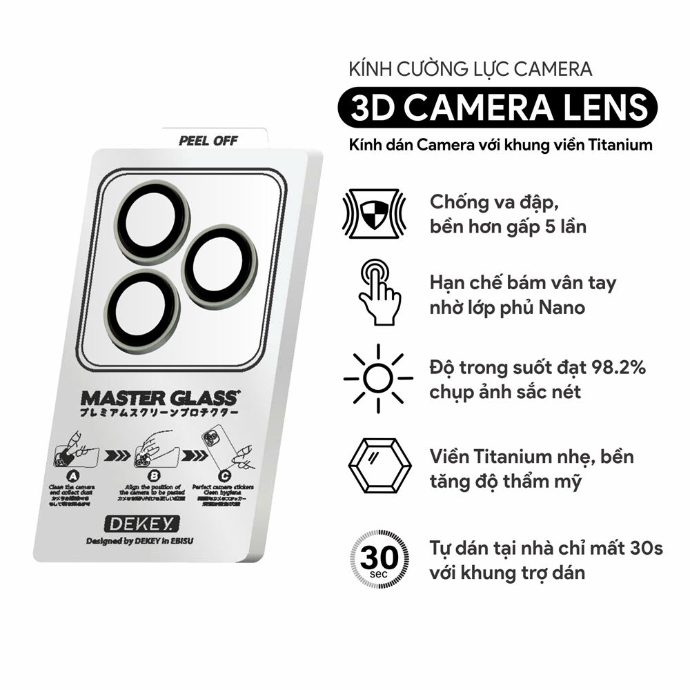 Miếng dán camera iPhone 15 Pro/Pro Max DEKEY 3D Camera Lens - Xám Màu Xám